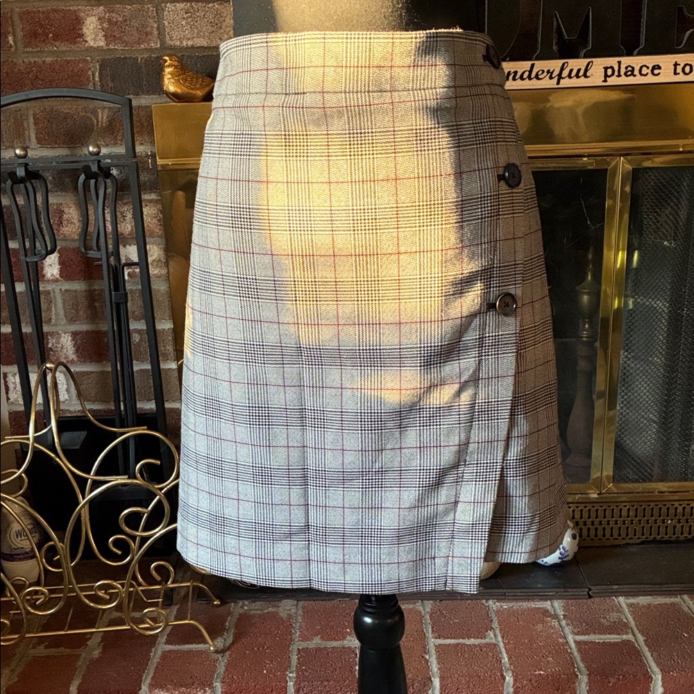 LOFT Beige Plaid Pencil Skirt with Button Detail # B